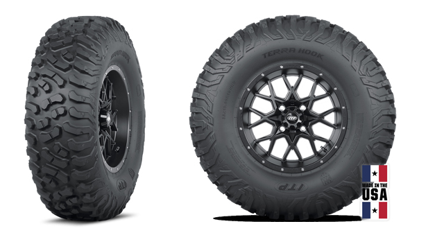 The ITP Terra Hook is an all-terrain high-performance tire designed with multi-angled channeled lugs.