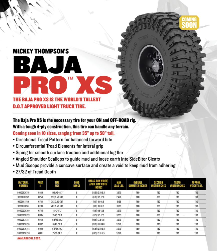 “The Baja Pro XS is the necessary tire for your on- and off-road rig,” said Ken Warner, Vice President of Marketing for Mickey Thompson Tires & Wheels. “With a tough 4-ply bias ply construction, a durable compound and aggressive tread and Sidebiters, this tire can handle any terrain.”